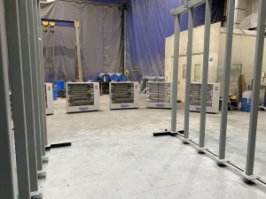 Diesel Heaters set up to dry steel pergolas